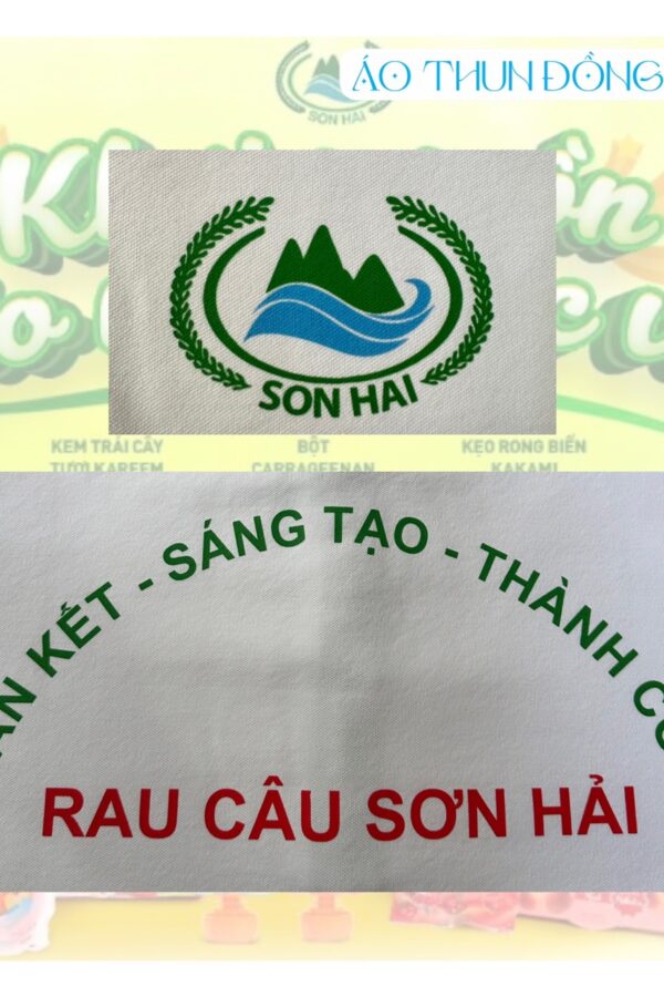 Logo Áo thun đồng phục cổ trụ Công ty rau câu Sơn Hải in pet chuyển nhiệt