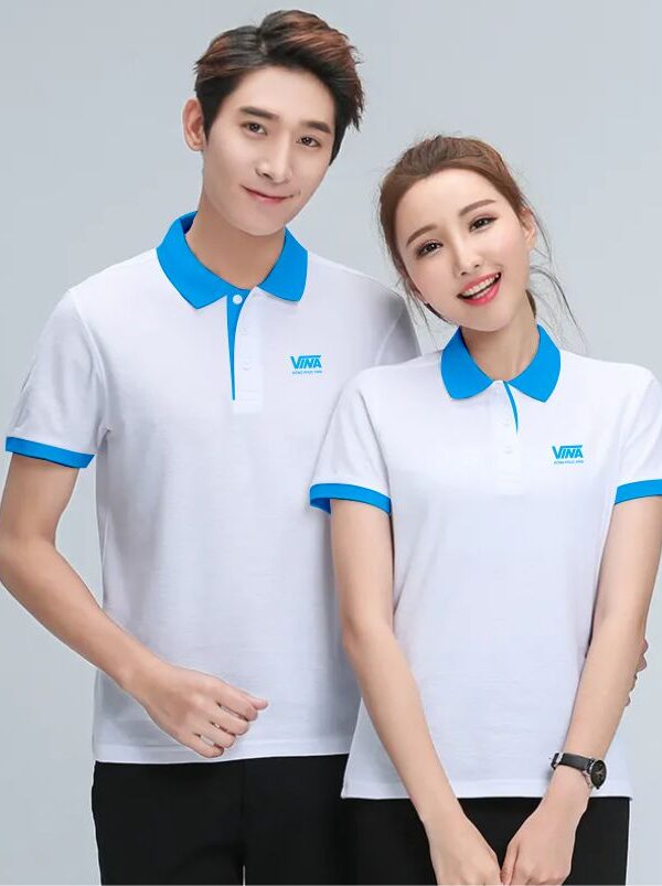 áo thun đồng phục phối màu cổ áo xanh Trắng và Xanh Ya
