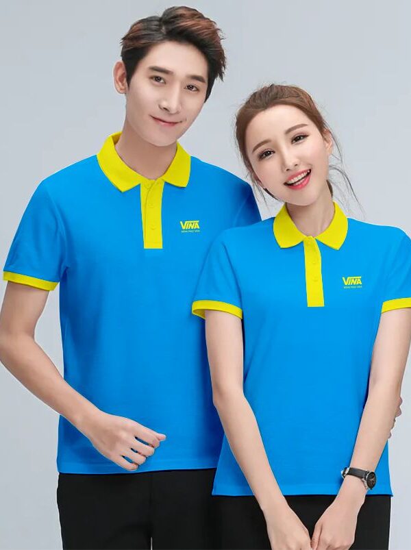 áo thun đồng phục phối màu cổ áo xanh Ya và Vàng