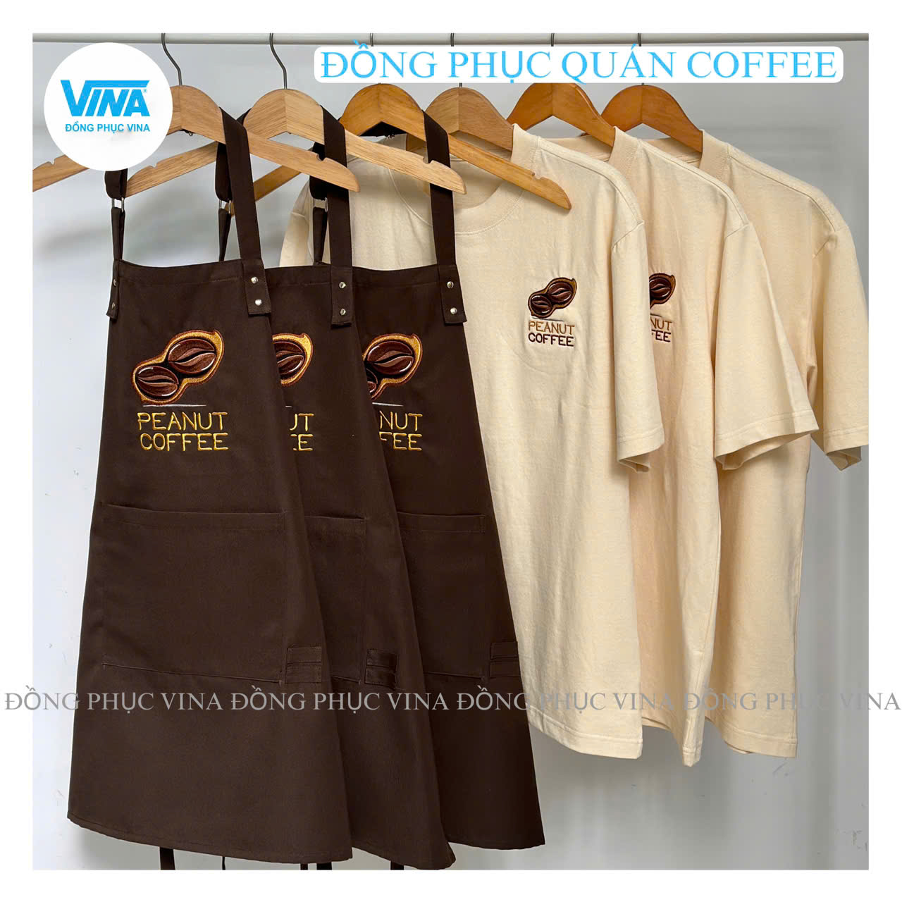 Combo áo thun và tạp dề đồng phục quán cafe Peanut