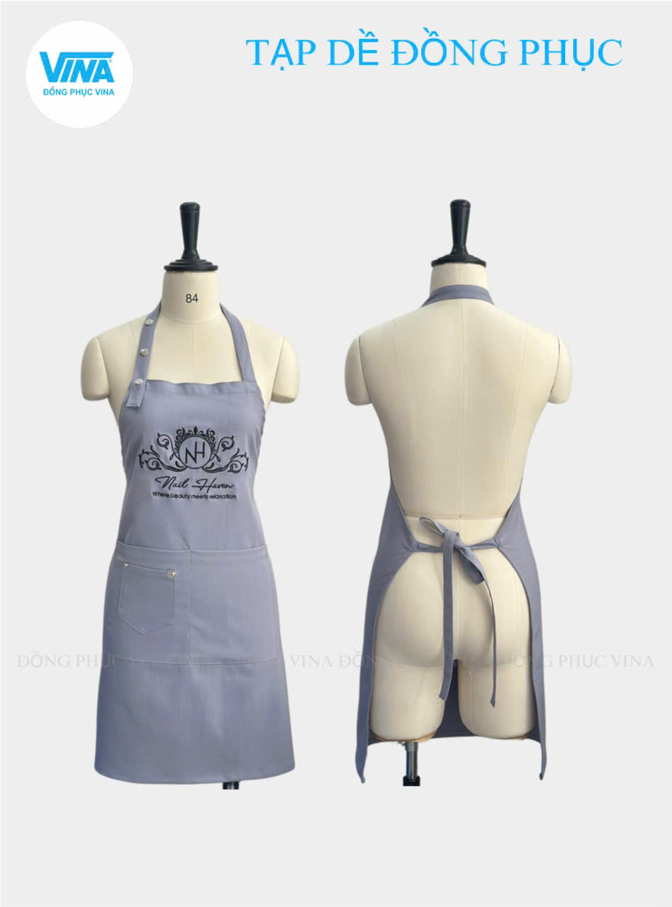 Tạp Dề Nail Màu Xám Sang Trọng - In Logo Tiệm Nail Haven 2 tạp dề nail màu xám sang trọng in logo tiệm Nail Haven - mẫu tạp dề tiệm nail cao cấp