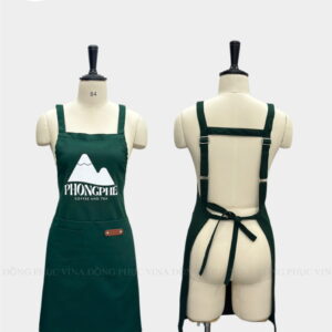 Tạp dề quán cafe màu xanh rêu Phong Phê – thiết kế dây chéo, in logo