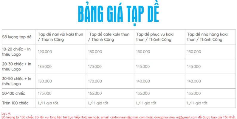 Bảng giá tạp dề 2025