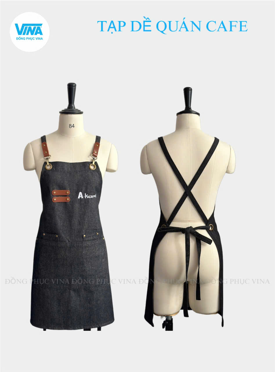 Tạp dề jean dáng yếm in logo trắng
