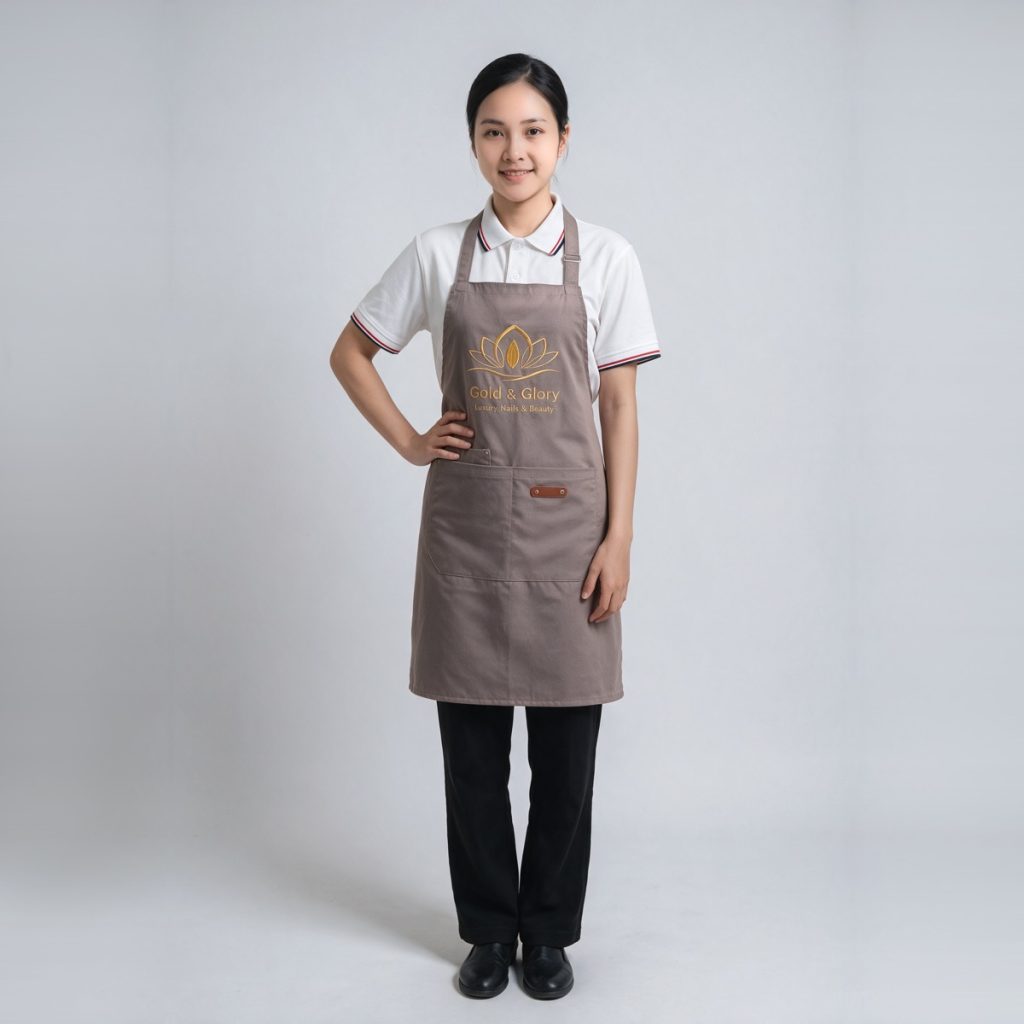 Đồng phục tiệm nail Gold & Glory polo trắng tạp dề nâu xám