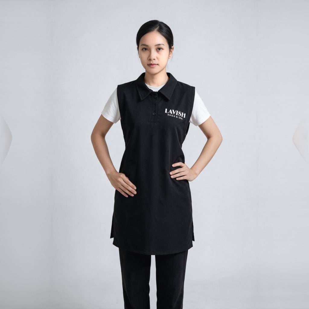 Áo tạp dề nail Lavish đen cổ polo sát nách
