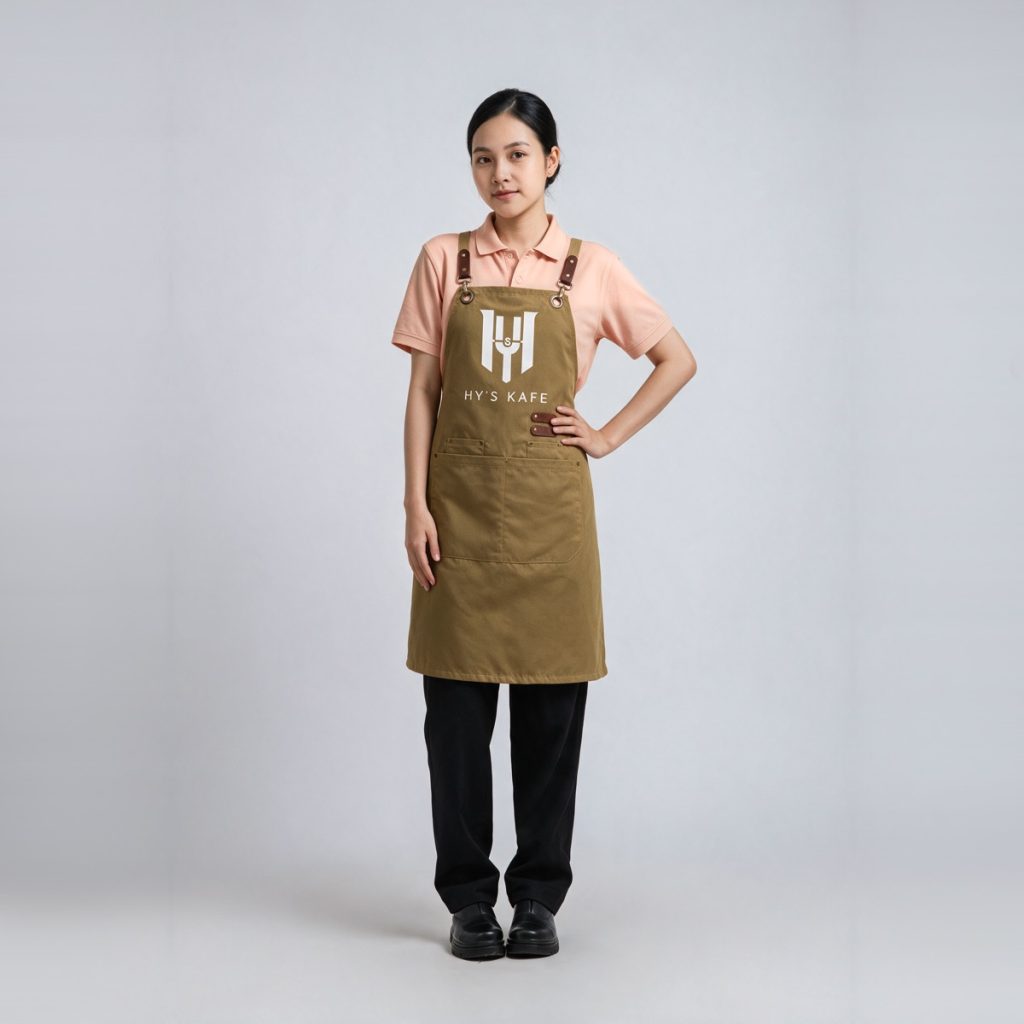 Đồng phục quán cafe Hy’s Kafe polo be tạp dề kaki