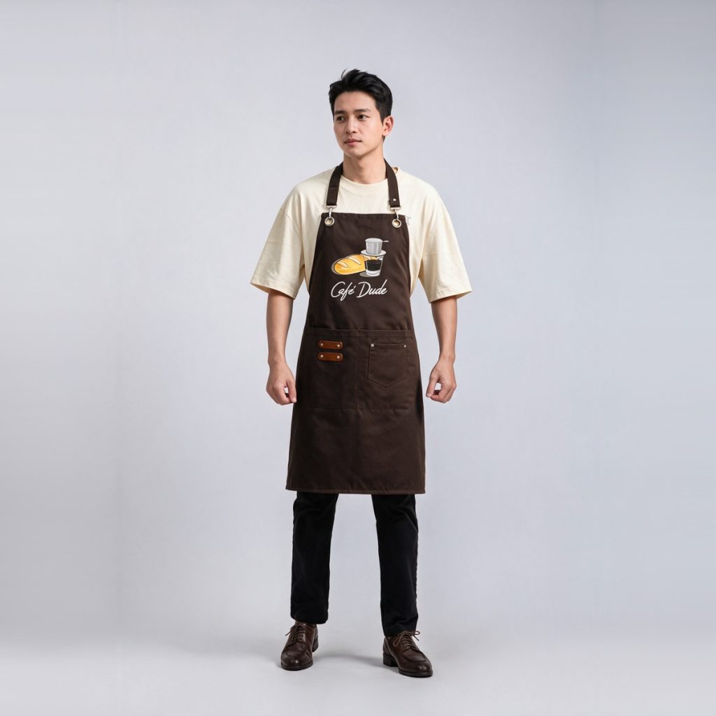 Đồng phục quán cafe Cafe Dude áo thun kem tạp dề nâu