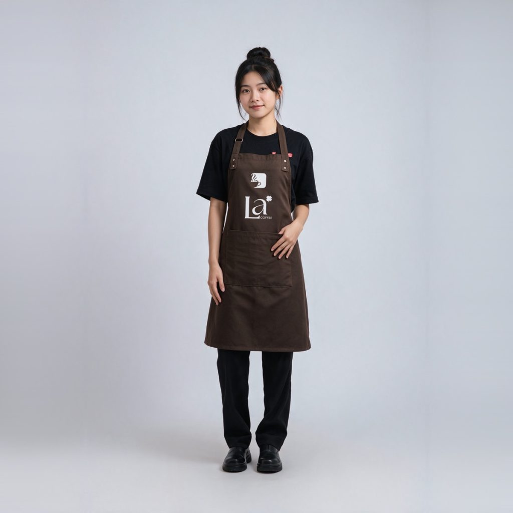 Đồng phục quán cafe La Coffee áo thun đen tạp dề nâu