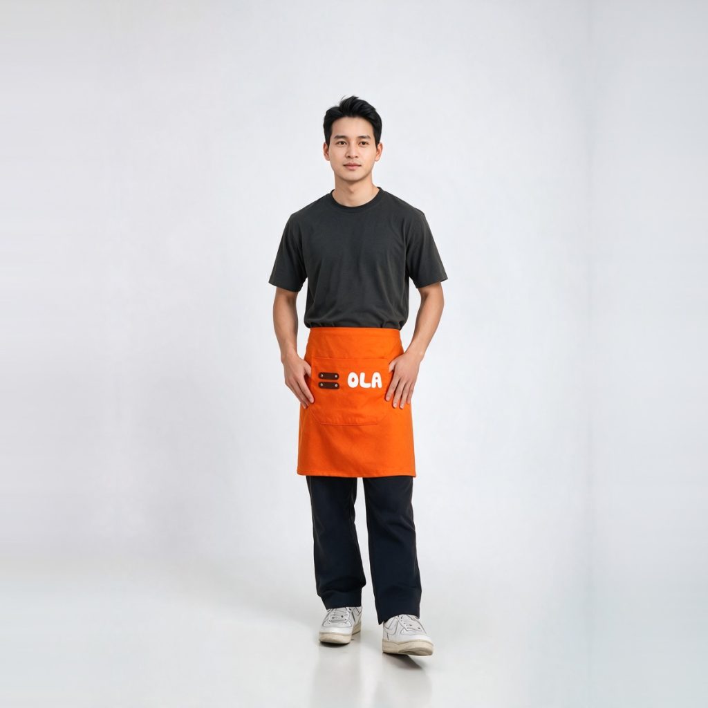 Đồng phục quán cafe Ola áo thun xám tạp dề ngắn cam