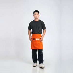 Đồng phục quán cafe Ola áo thun xám tạp dề ngắn cam