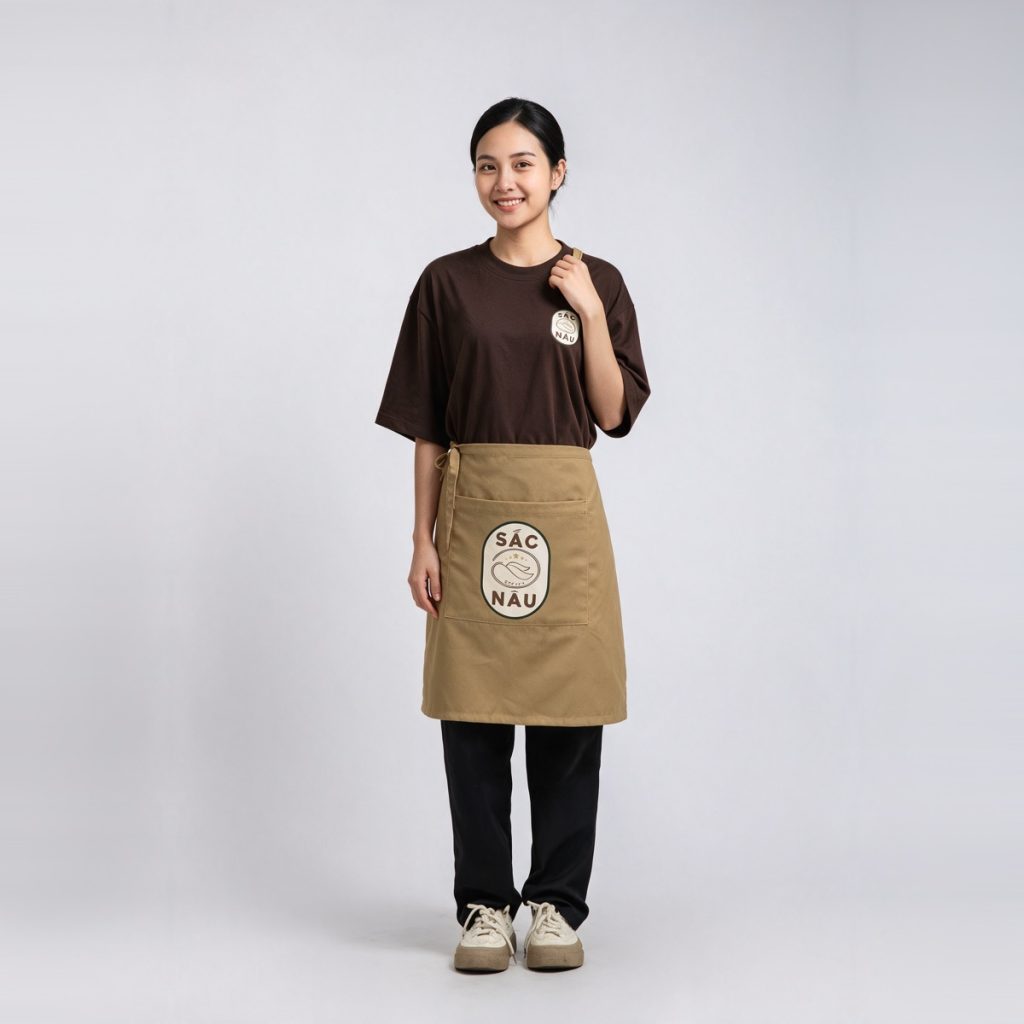 Đồng phục quán cafe Sắc Nâu áo thun nâu tạp dề ngắn kaki