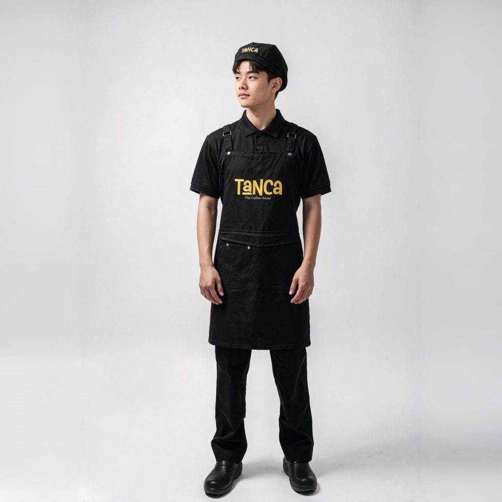 Đồng phục quán cafe Tanca polo đen tạp dề đen