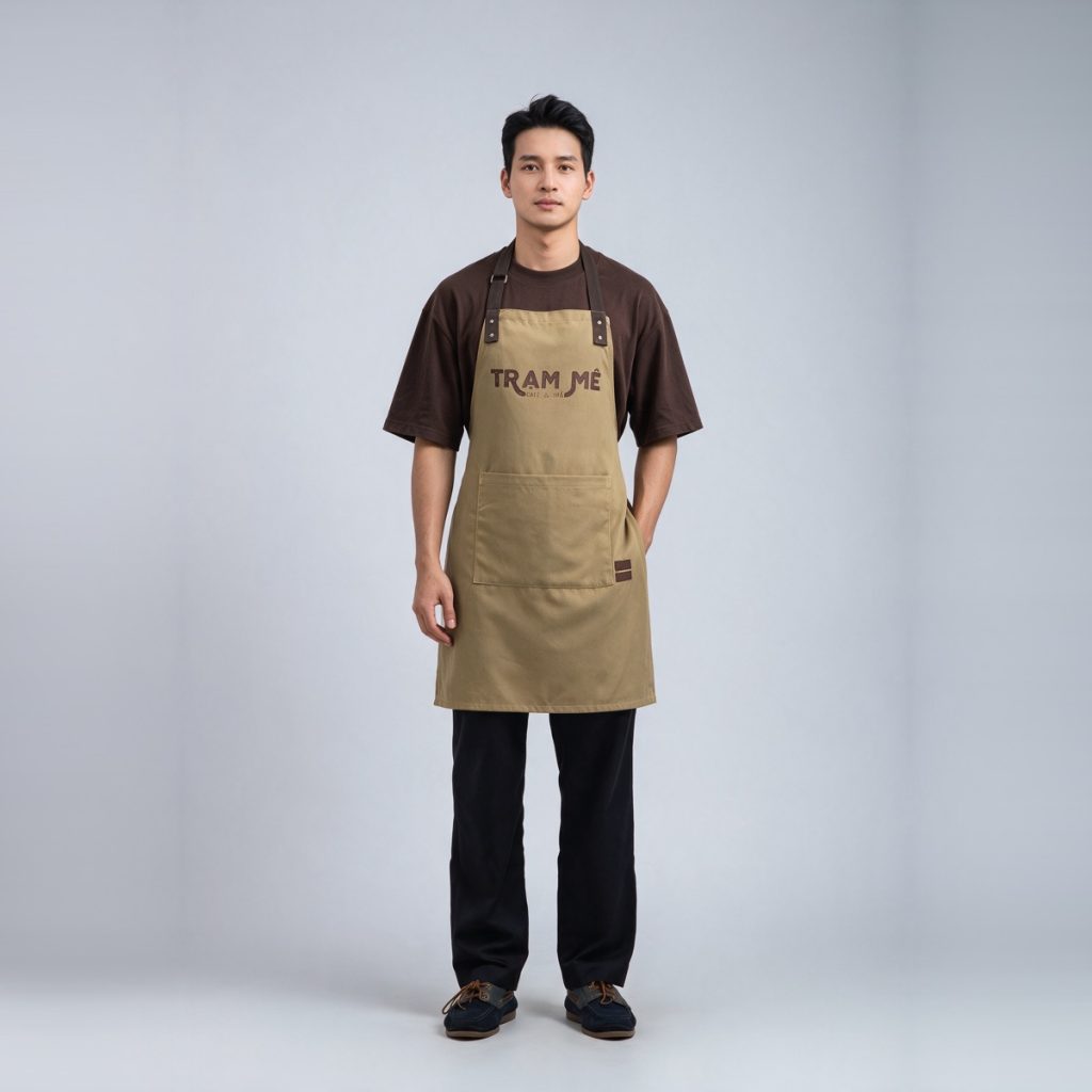 Đồng phục quán cafe Trạm Mê áo thun nâu tạp dề kaki