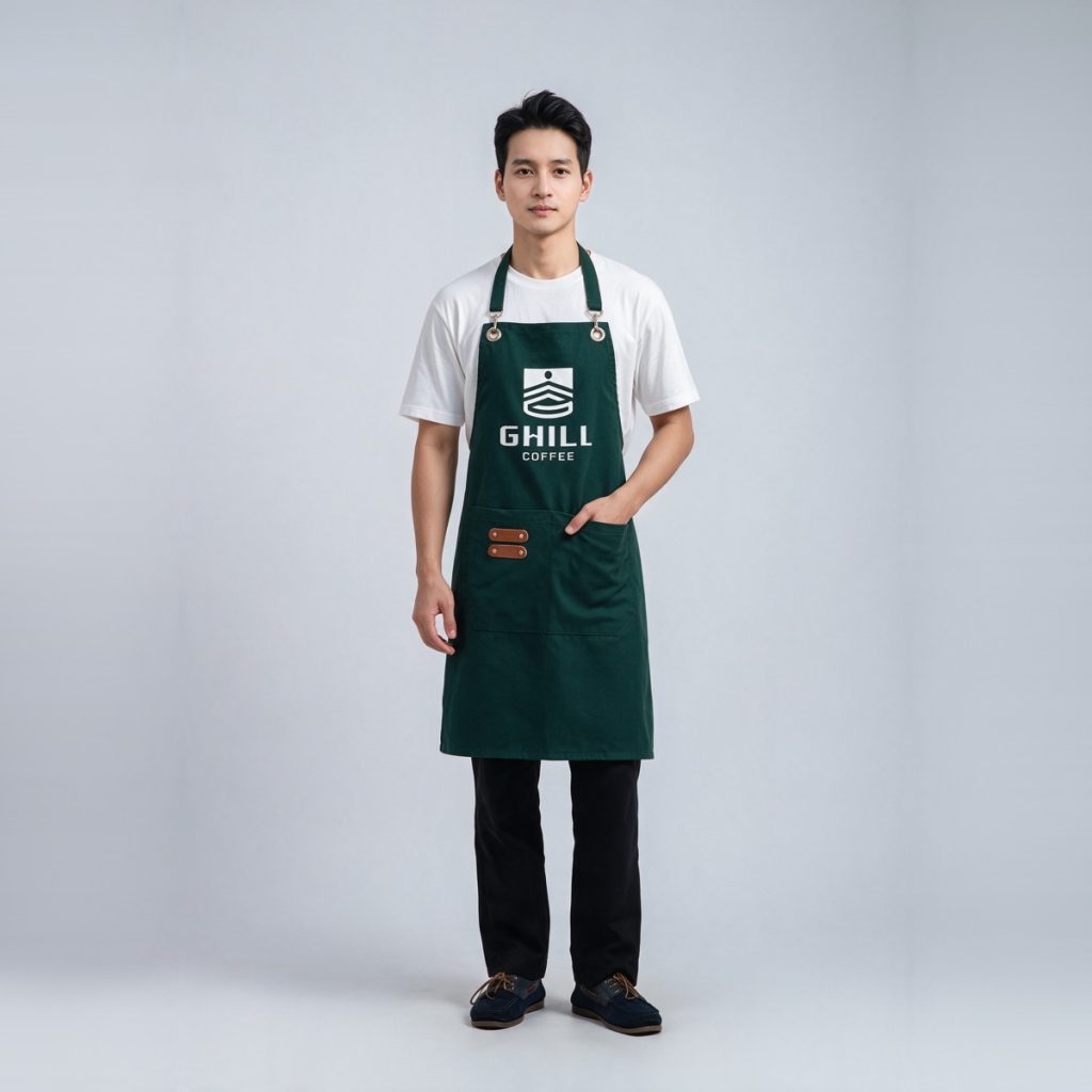 Tạp dề quán cafe Ghill Coffee xanh rêu cổ yếm