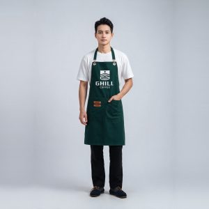 Tạp dề quán cafe Ghill Coffee xanh rêu cổ yếm