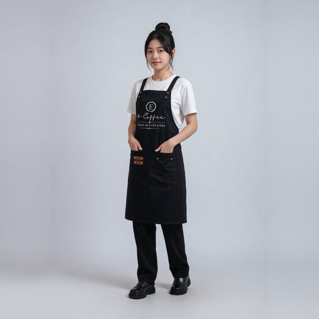 Tạp dề quán cafe E-Coffee đen cổ yếm