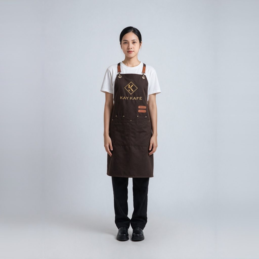 Tạp dề quán cafe Kay Kafé nâu cổ yếm dây da