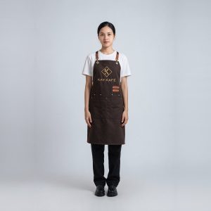 Tạp dề quán cafe Kay Kafé nâu cổ yếm dây da