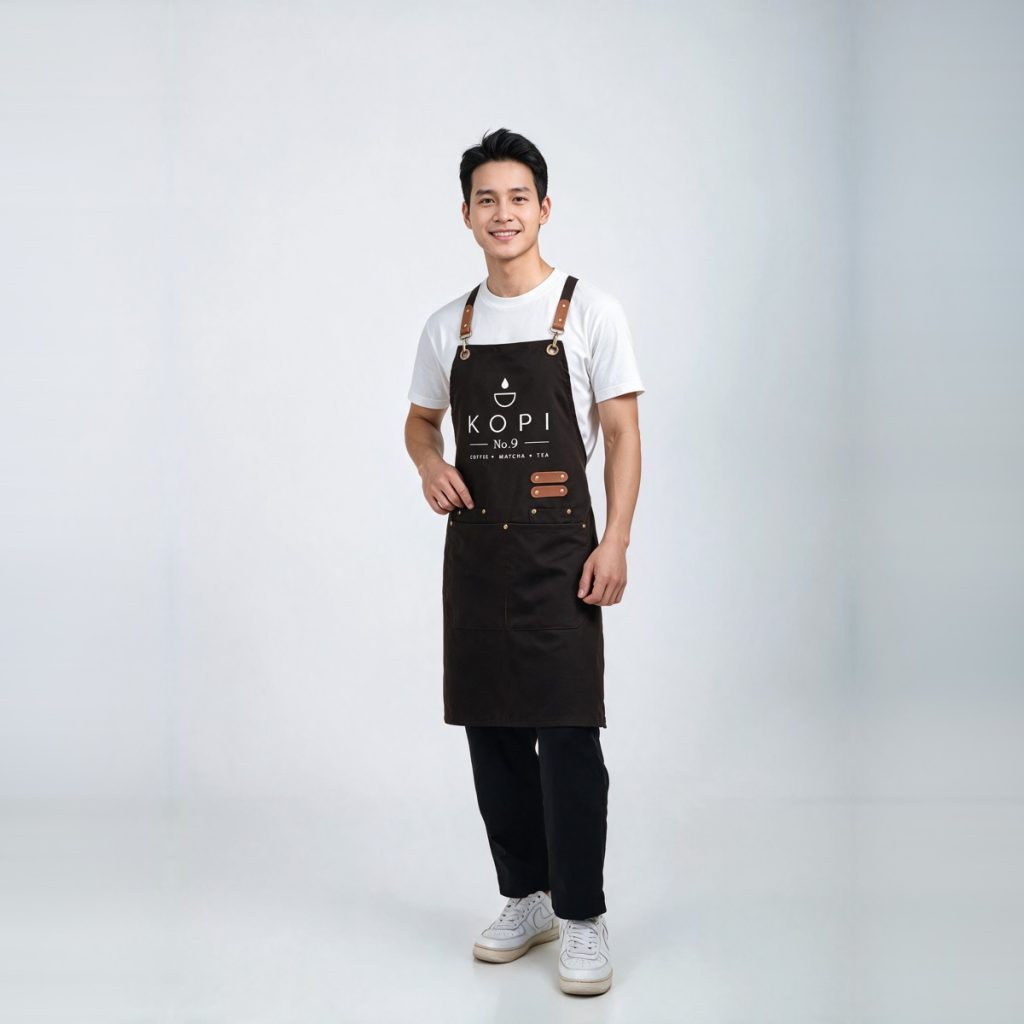 Tạp dề quán cafe Kopi No.9 nâu đen chéo lưng