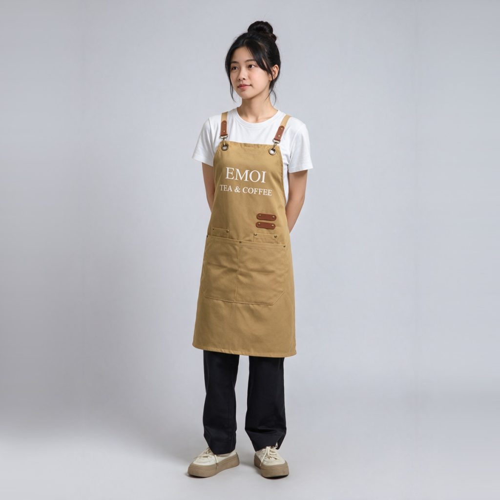 Tạp dề quán cafe Emoi Tea & Coffee kaki chéo lưng