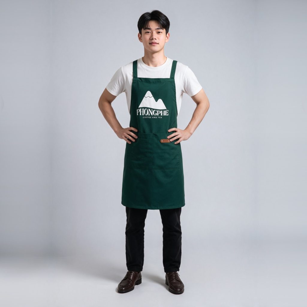 Tạp dề quán cafe Phong Phê xanh rêu đeo vai